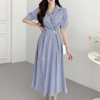 韓國chic夏季新款減齡法式氣質收腰顯瘦大裙擺條紋中長款連衣裙女