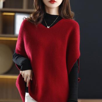 紅色針織馬甲早秋上衣女新款V領蝙蝠袖套頭羊絨衫高級感無袖上衣