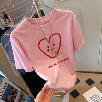 2023夏季新款設計感粉色愛心印花純棉短袖t恤女寬松減齡體恤上衣