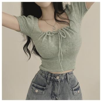 韓國chic甜辣修身方領短袖針織衫女夏設計感小眾抽繩褶皺短款上衣