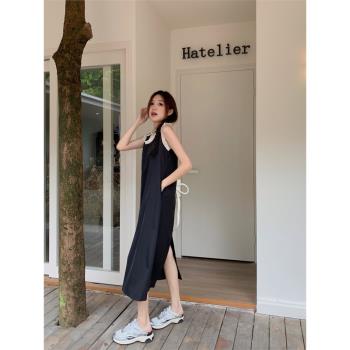 夏季韓系黑色簡約氣質赫本風長裙質感高級感木耳邊無袖背心連衣裙