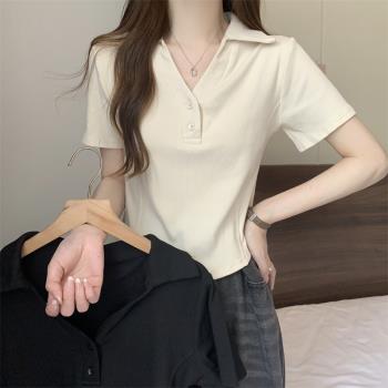 設計感小眾V領法式短款上衣女夏季韓版氣質修身polo衫純棉短袖T恤