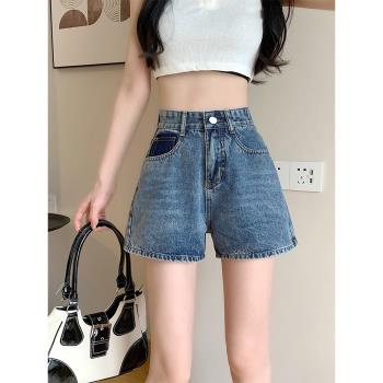 韓版復古牛仔短褲女夏季撞色設計感高腰顯瘦大碼A字寬松闊腿熱褲