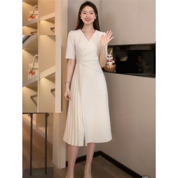 夏季新款2023年韓版時尚修身顯瘦收腰氣質名媛V領百褶女士連衣裙