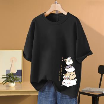 設計感小眾黑色短袖T恤女2023夏季新款大碼洋氣寬松純棉遮肚上衣