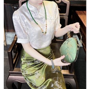 新中式漢元素旗袍式短袖襯衫女2023夏季新款白色上衣國風立領小衫