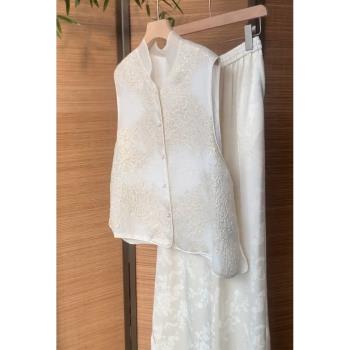 唐裝新中式國風女裝2025新款白色刺繡馬甲盤扣上衣半身裙套裝夏季