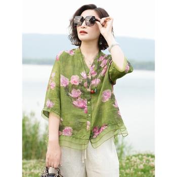 媽媽裝刺繡苧麻中國風綠色上衣2024夏季新款高端棉麻半袖中式襯衫
