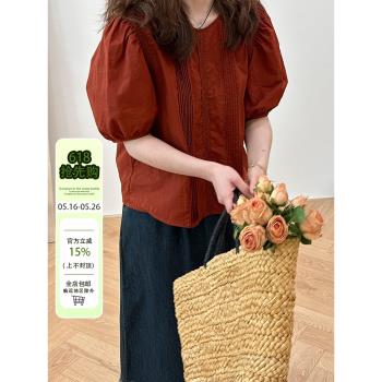水瓶裡的蠍子2024夏季通勤百搭圓領壓褶襯衫韓版寬松純色套頭上衣