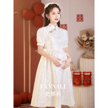 新中式領證登記小禮服女大碼胖mm白色孕婦訂婚旗袍高腰遮肚子夏天