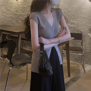 多巴胺質感高級感2023韓系夏季新款短袖針織開衫V領中長款上衣女