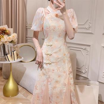 新中式國風改良旗袍年輕款高端氣質長裙子女夏季泡泡袖碎花連衣裙