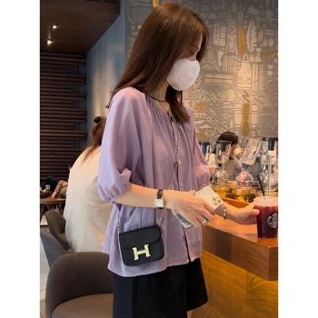 紫色泡泡袖半袖襯衫女夏款法式高級感獨特別致很仙的超仙雪紡上衣
