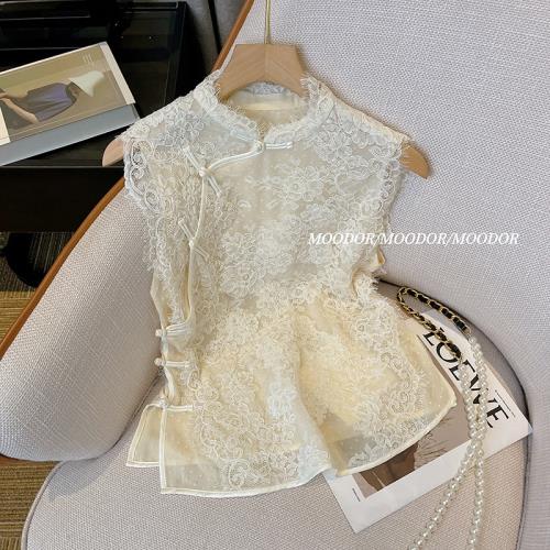 新中式女民國風無袖襯衫夏氣質高級感蕾絲小個子旗袍歐根紗短上衣