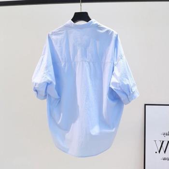 設計感小清新淺藍色純棉襯衫女士夏季新款韓版寬松雙口袋襯衣上衣