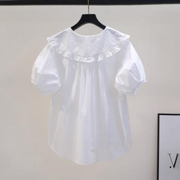 設計感木耳邊娃娃領純棉襯衫女夏季新款韓版寬松短袖白色襯衣上衣