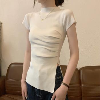 夏季韓版修身氣質半高領褶皺開叉設計感小眾針織短袖白色女上衣潮