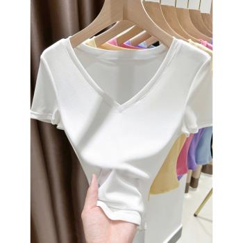白色V領網紗短袖t恤女夏季性感內搭透視甜辣薄紗衣蕾絲打底衫上衣