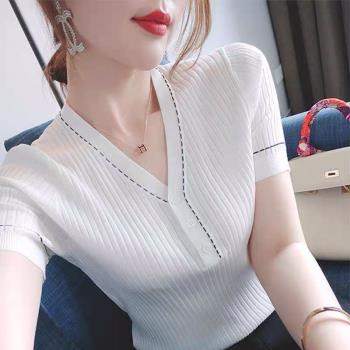 白色短袖t恤女2023新款夏季設計感小眾修身顯瘦冰絲針織衫V領上衣