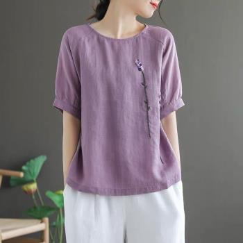 【棉麻】中袖上衣t恤女夏季文藝復古紫色麻料減齡民族風亞麻體恤