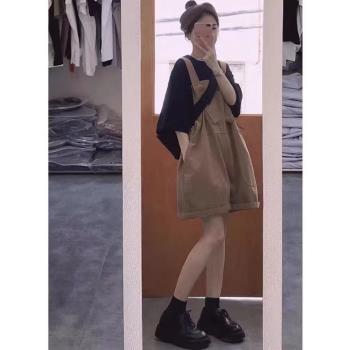 韓版洋氣減齡工裝背帶褲套裝女2023夏新款時尚寬松小個子休閑短褲