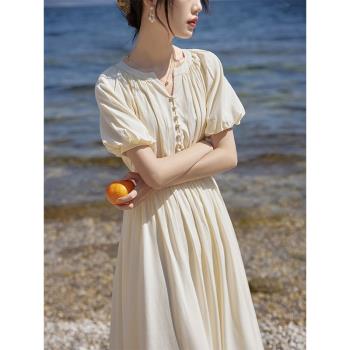 法式溫柔風v領茶歇短袖連衣裙女夏季高級設計感收腰復古初戀長裙