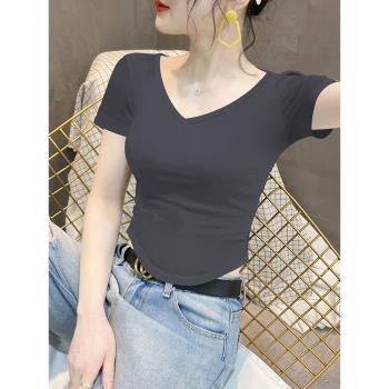 莫代爾V領短袖t恤女2023夏季新款下擺不規則設計感修身黑色上衣潮