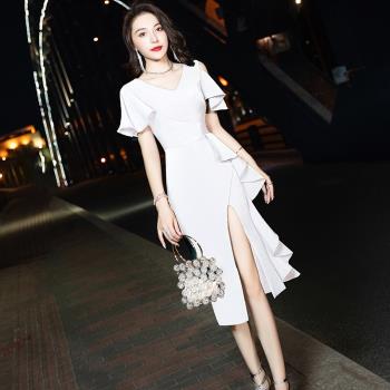 白色年會晚禮服女宴會氣質平時可穿輕奢小眾高階魚尾生日主持人裙