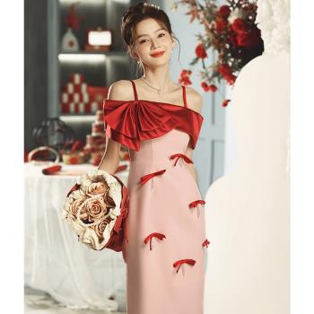 吊帶敬酒服新娘高級感2023新款紅色訂婚晚禮服連衣裙輕奢小眾高端