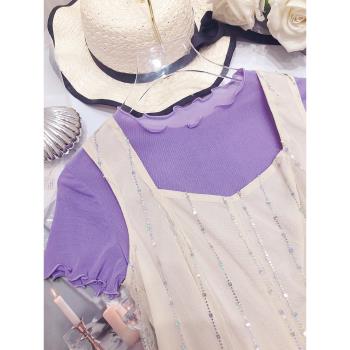 半截短款網紗打底衫夏女短袖紫色吊帶裙內搭薄紗小衫緊身蕾絲上衣