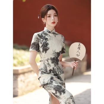 新中式旗袍2023新款夏季改良年輕款高端氣質連衣裙水墨畫高級優雅