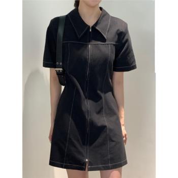 韓國chic夏季法式減齡明線設計小個子拉鏈polo領短款襯衫連衣裙女