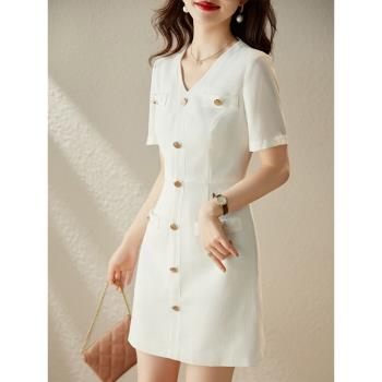 法式白色連衣裙2024女新款夏季氣質溫柔風裙子質感高級感收腰顯瘦