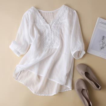 【棉麻】短袖襯衫女2023年新款夏季純色簡約文藝氣質白色襯衣上衣