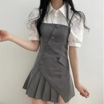 韓國chic夏季小個子泡泡袖襯衫+不規則百褶吊帶裙連衣裙兩件套女