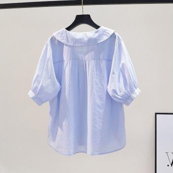 設計感娃娃領條紋棉布襯衫女士夏季新款韓版寬松休閑短袖襯衣上衣