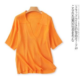 針織T恤 夏季新外貿女裝時尚翻+V領短袖套頭純色彈力針織衫26214