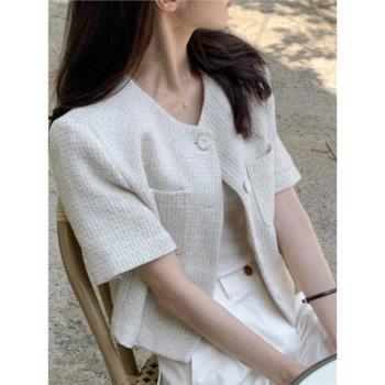 韓國chic夏季減齡法式小香風格子短袖小外套女顯瘦氣質百搭開衫