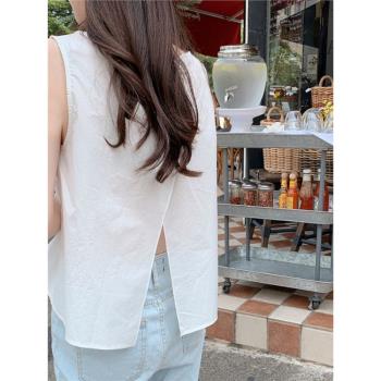 韓國chic夏季減齡少女心后背紐扣開叉小個子無袖襯衫背心上衣女