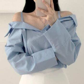 韓國chic春季減齡復古小眾設計感氣質一字領露肩吊帶長袖襯衫女