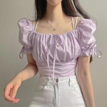 韓國chic夏季設計感系帶方領短款襯衫女高腰修身泡泡袖洋氣小衫潮