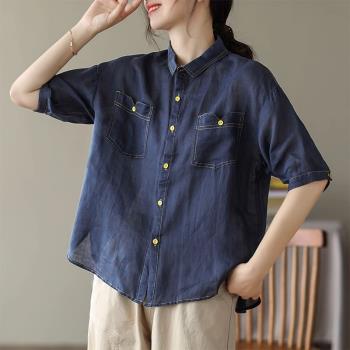 棉麻亞麻上衣女高端2023年新款中袖日系文藝復古設計感牛仔藍襯衫