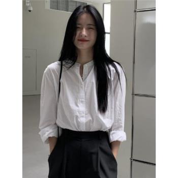 韓國chic春季復古設計感小眾泡泡袖圓領單排扣白色襯衫女長袖襯衣