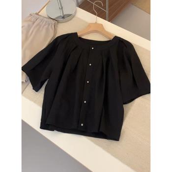 高檔洋氣小衫設計師款女裝小眾法式仙女上衣超仙甜美黑色襯衫夏季