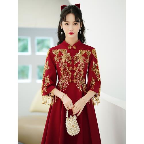 中式復古重工流蘇遮肚子顯瘦大碼胖mm新娘敬酒服連衣裙