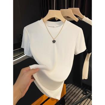 白色短袖T恤女2023夏季新款圓領簡約設計感修身辣妹上衣打底衫潮
