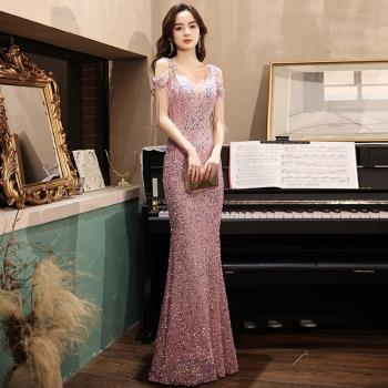 高階晚禮服女2025新款宴會輕奢氣質名媛流蘇魚尾主持人年會連衣裙