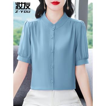 雪紡襯衫女士2025夏季新款高階感襯衣寬松遮肚子媽媽短袖洋氣上衣