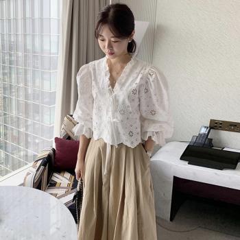 韓國chic夏季氣質縷空蕾絲系帶泡泡袖襯衫+高腰闊腿休閑褲套裝女