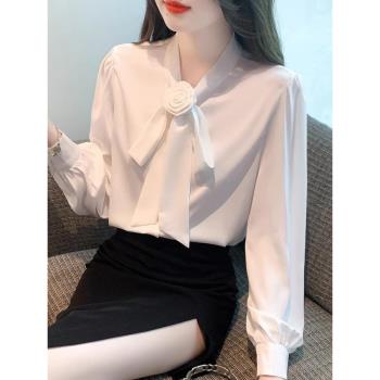 秋季韓版通勤白色襯衫女裝2024年新款高階感氣質蝴蝶結甜美上衣服